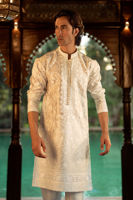 Pristine White Embroidered Pure Silk Men’s Kurta (1-Pc) - Image 4