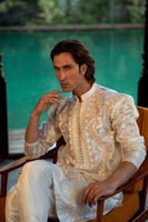 Pristine White Embroidered Pure Silk Men’s Kurta (1-Pc) - Image 6