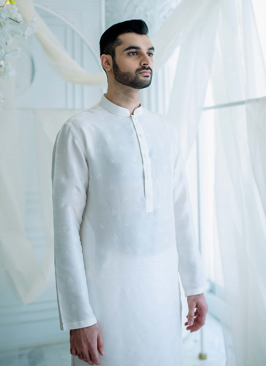 White Schiffli Embroidered Pure Silk Kurta (2-Piece) - Image 2