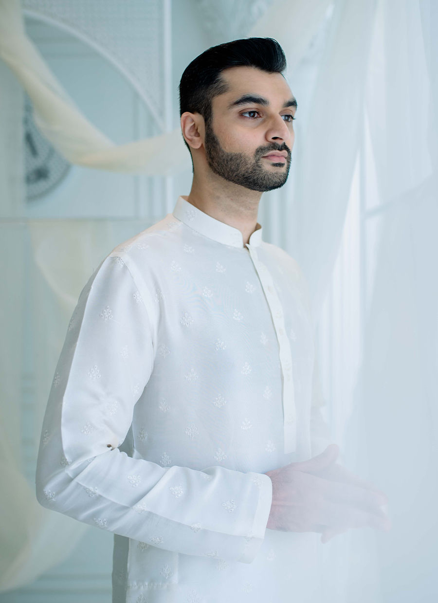 White Schiffli Embroidered Pure Silk Kurta (2-Piece) - Image 3