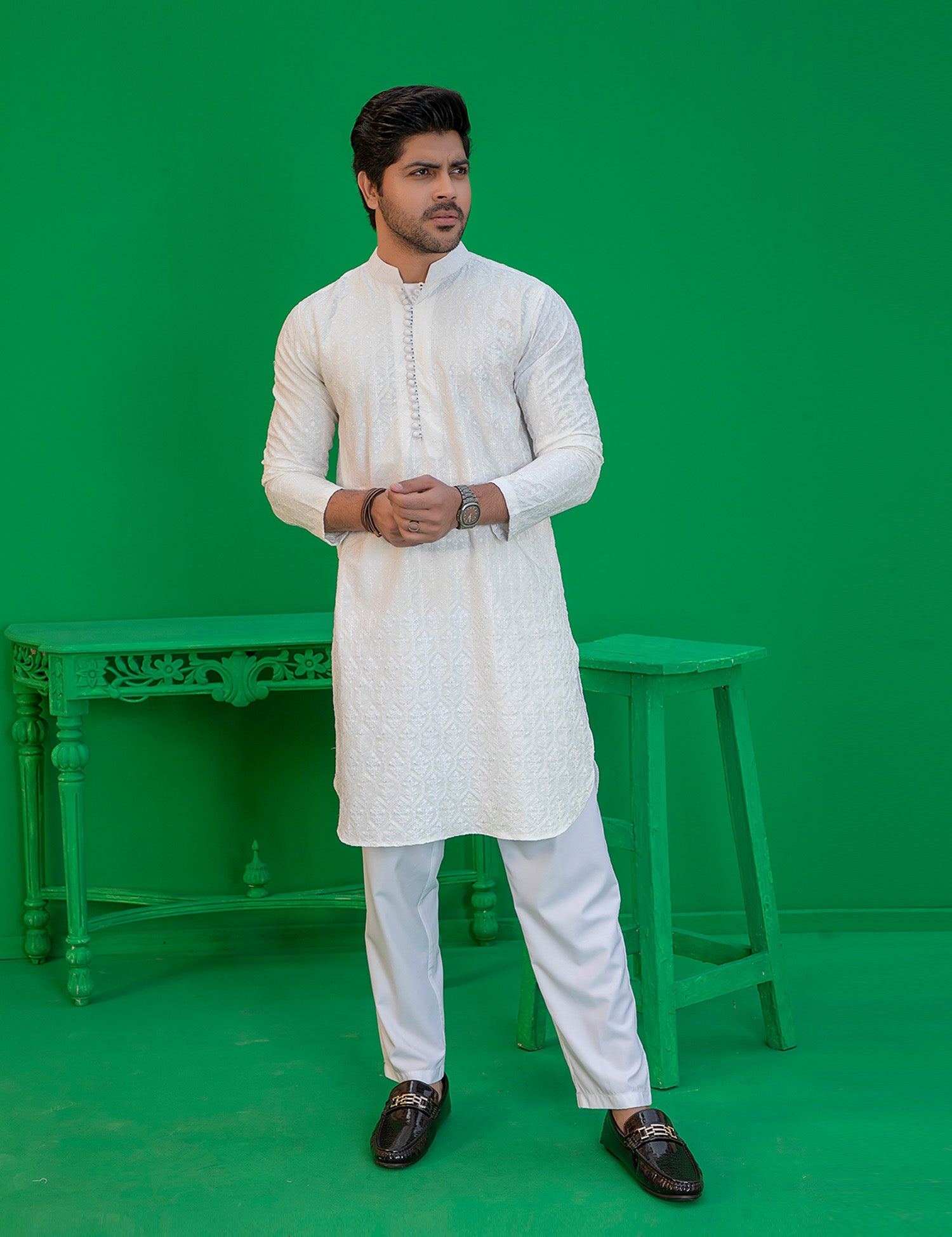 White Embroidered Wash N Wear Kurta (2-Piece) - Image 1