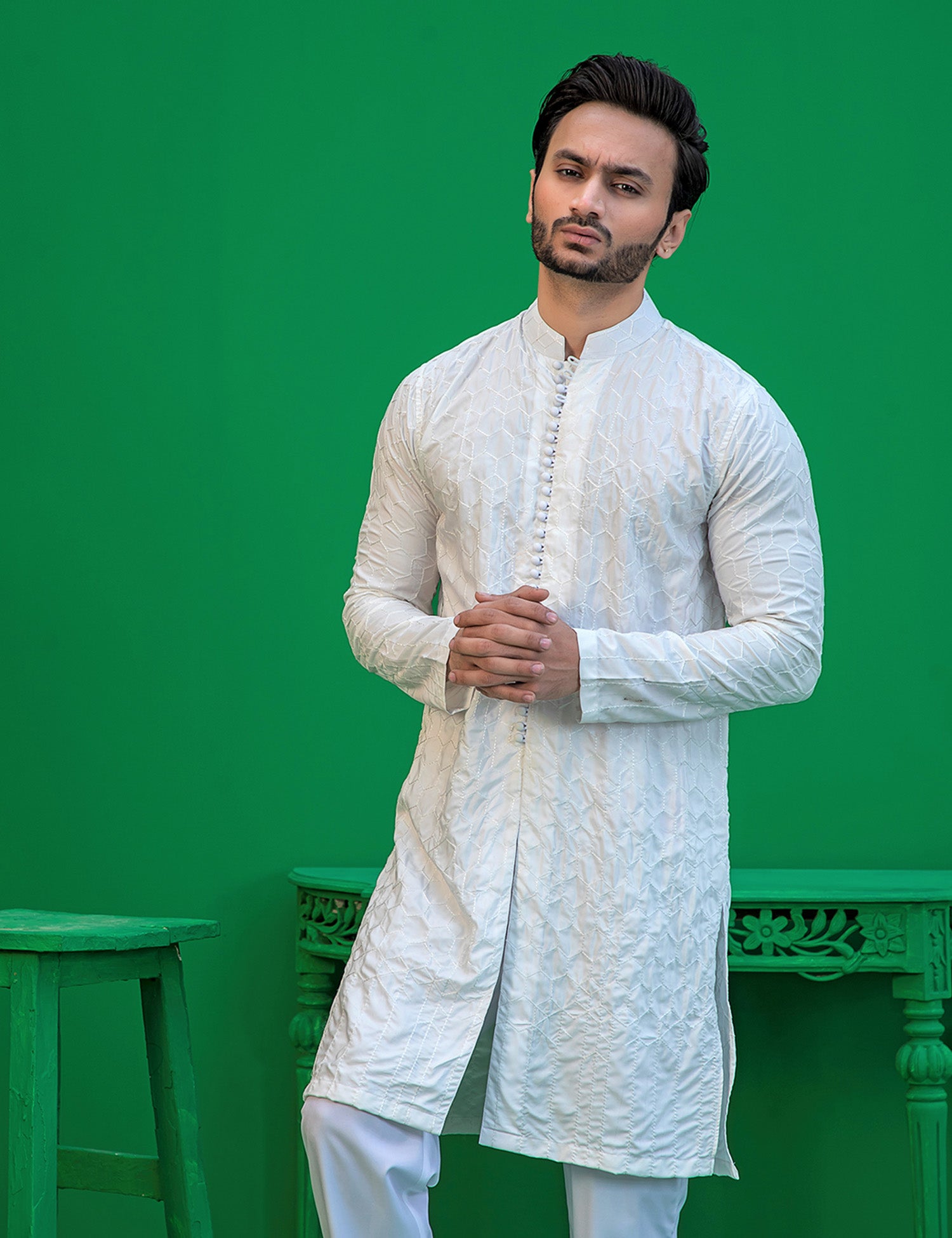 White Embroidered Wash N Wear Kurta Pajama (2-Piece) - Image 6