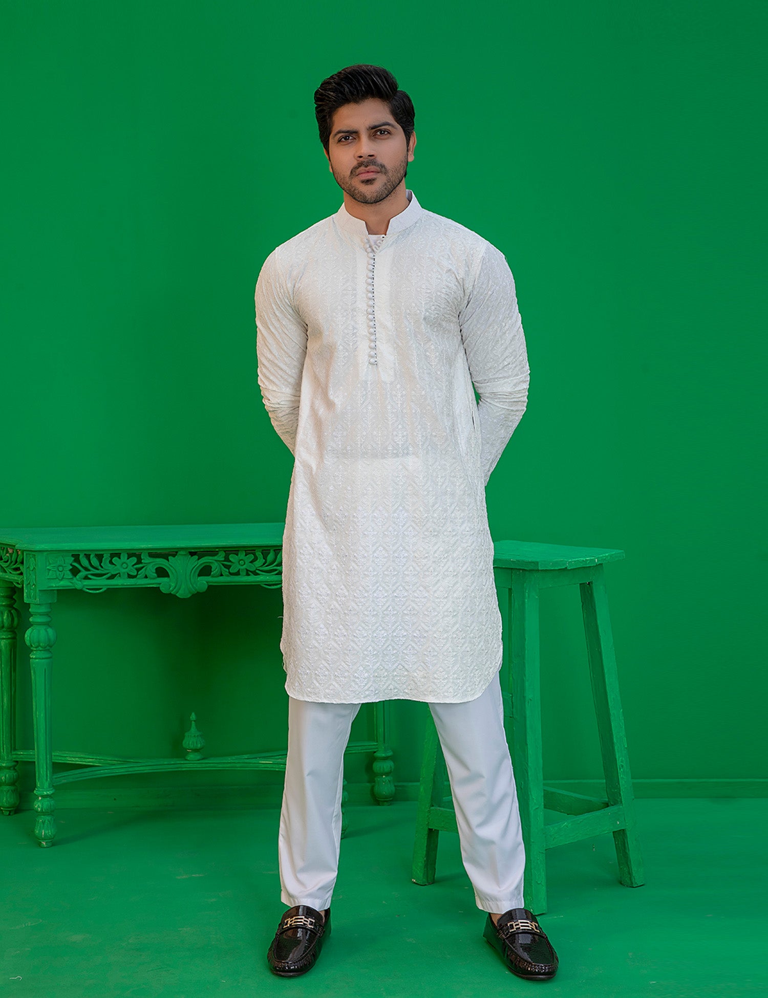 White Embroidered Wash N Wear Kurta (2-Piece) - Image 2