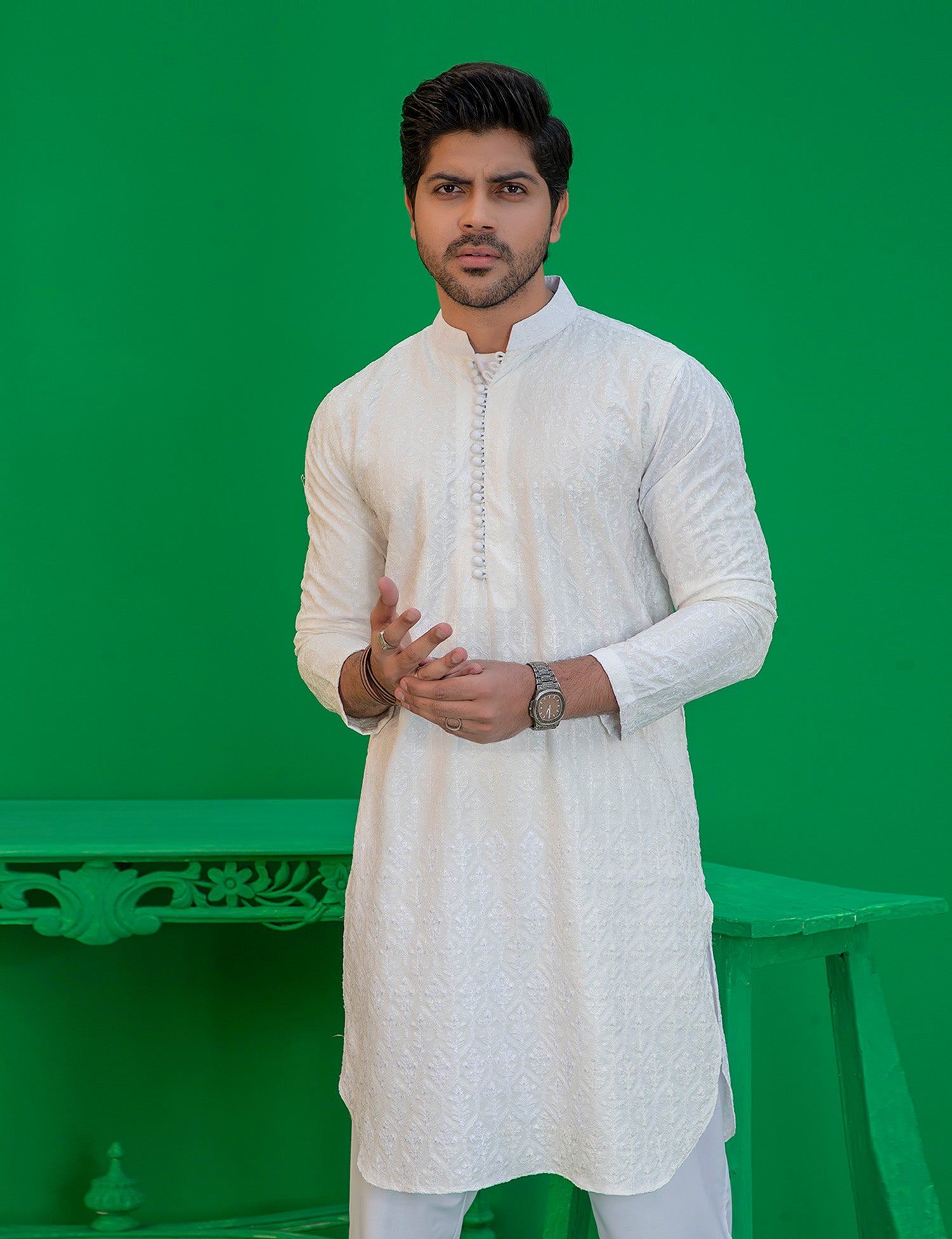 White Embroidered Wash N Wear Kurta (2-Piece) - Image 3
