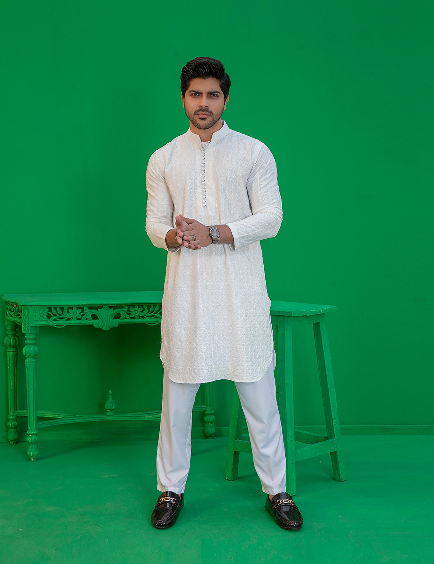 White Embroidered Wash N Wear Kurta (2-Piece) - Image 4