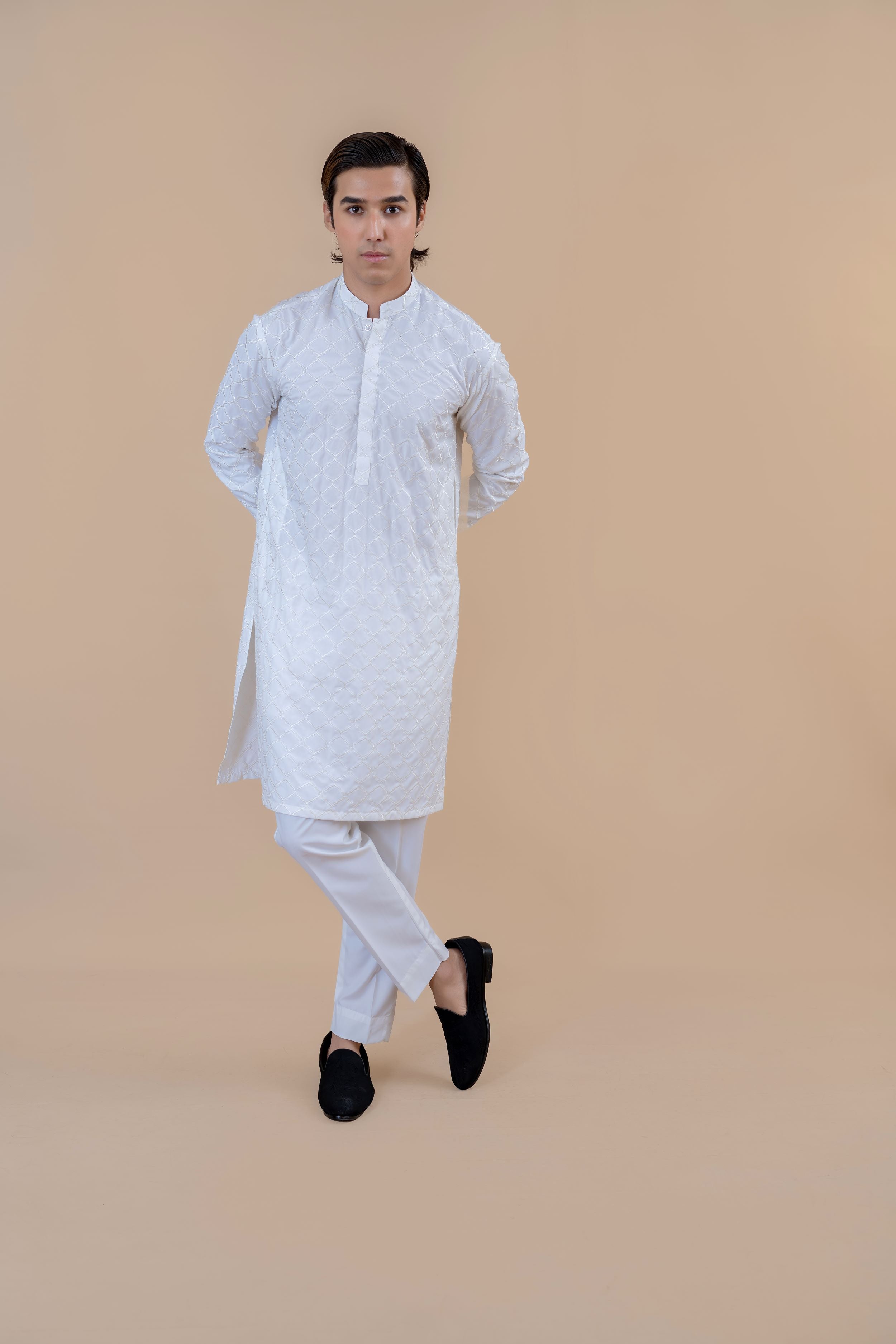 White Embroidered Wash & Wear Kurta Set (2-Piece) - Image 1