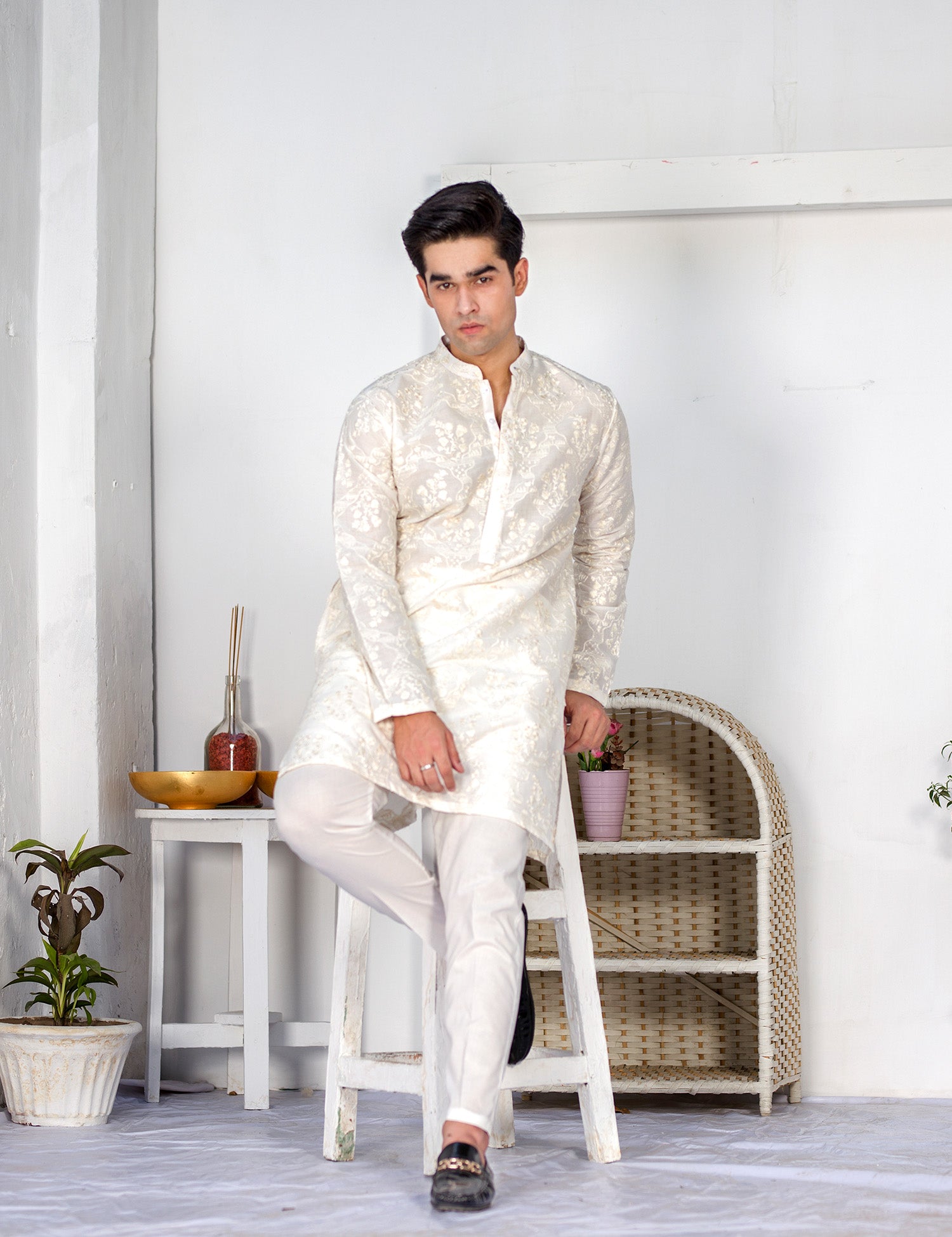 White Embroidered Wash & Wear Kurta Trouser Set (2-Piece) - Image 4