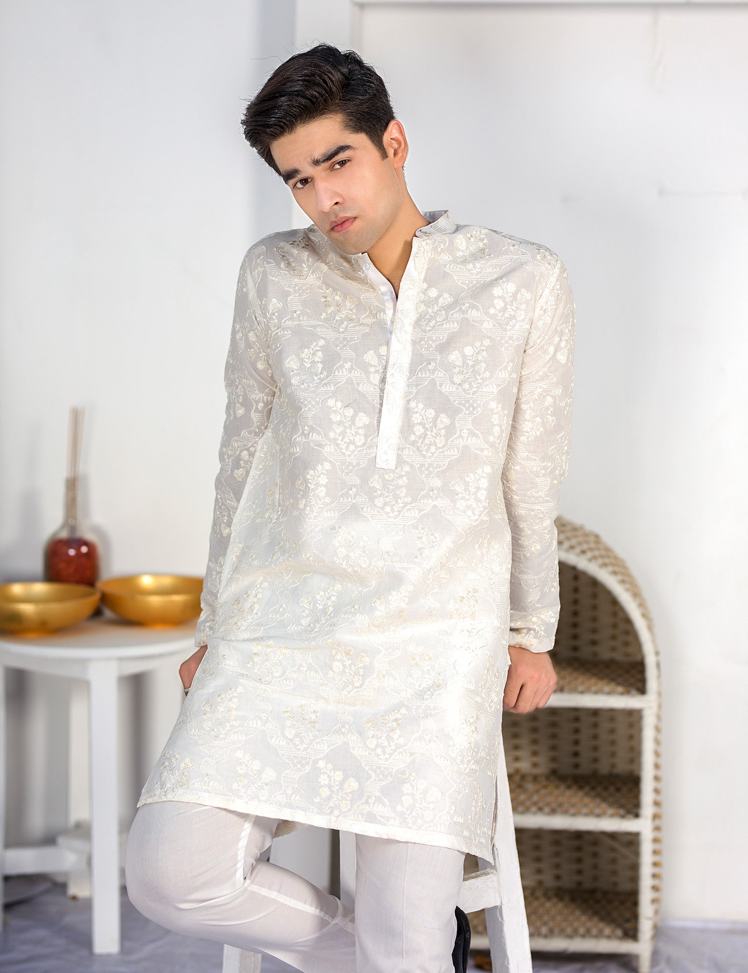 White Embroidered Wash & Wear Kurta Trouser Set (2-Piece) - Image 5