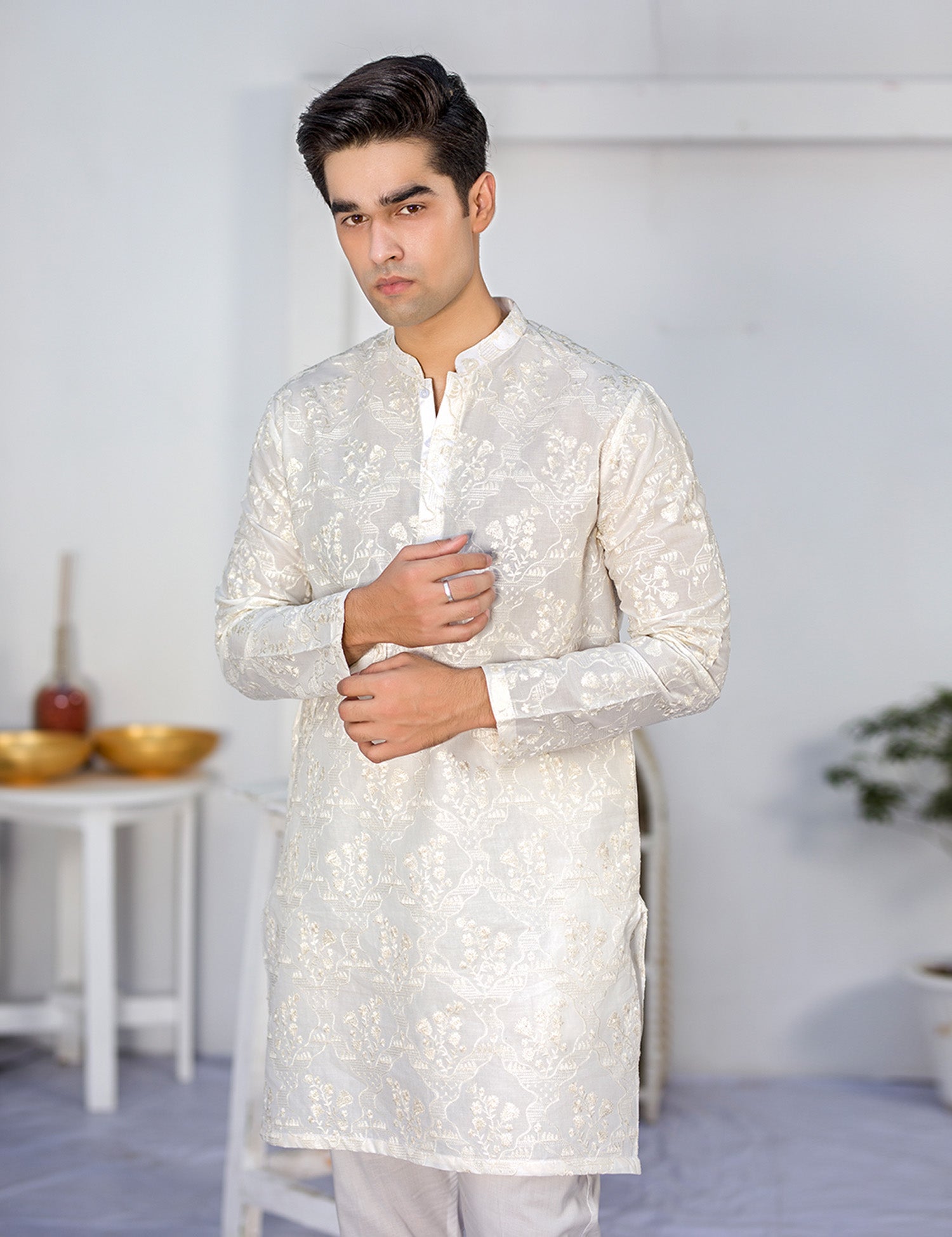 White Embroidered Wash & Wear Kurta Trouser Set (2-Piece) - Image 6