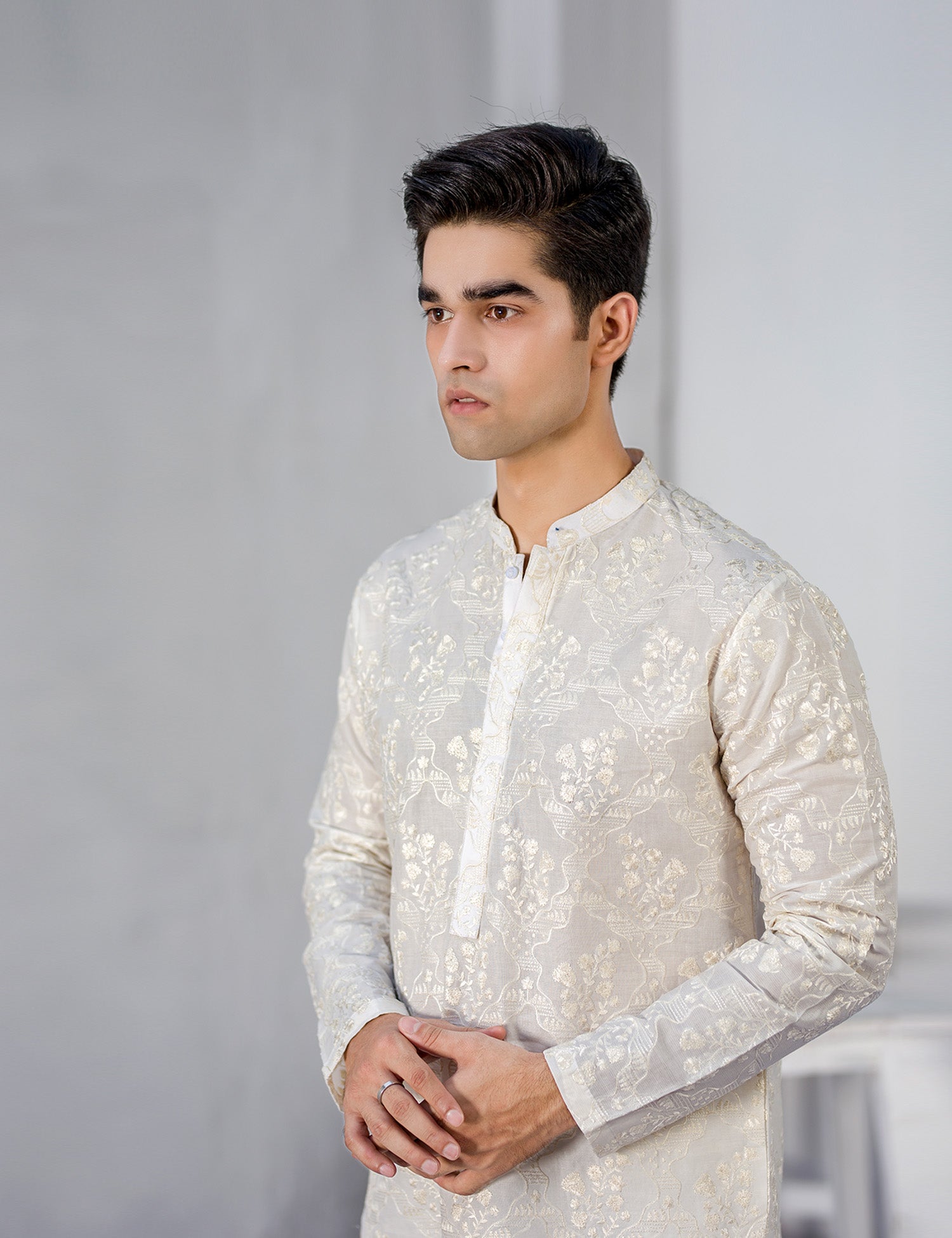 White Embroidered Wash & Wear Kurta Trouser Set (2-Piece) - Image 7