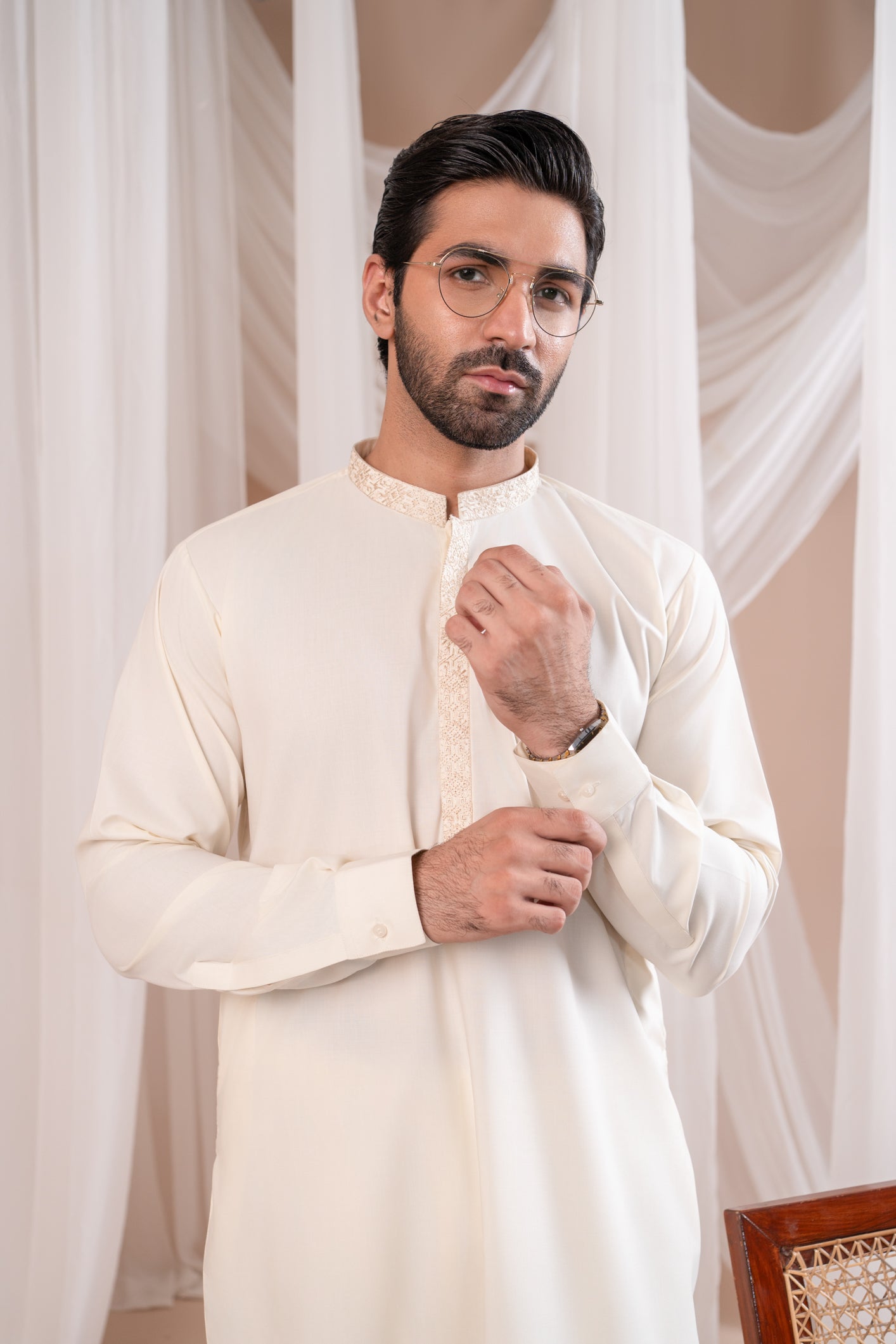 White Embroidered Blended Bosky Kurta Shalwar (2-Piece) - Image 1
