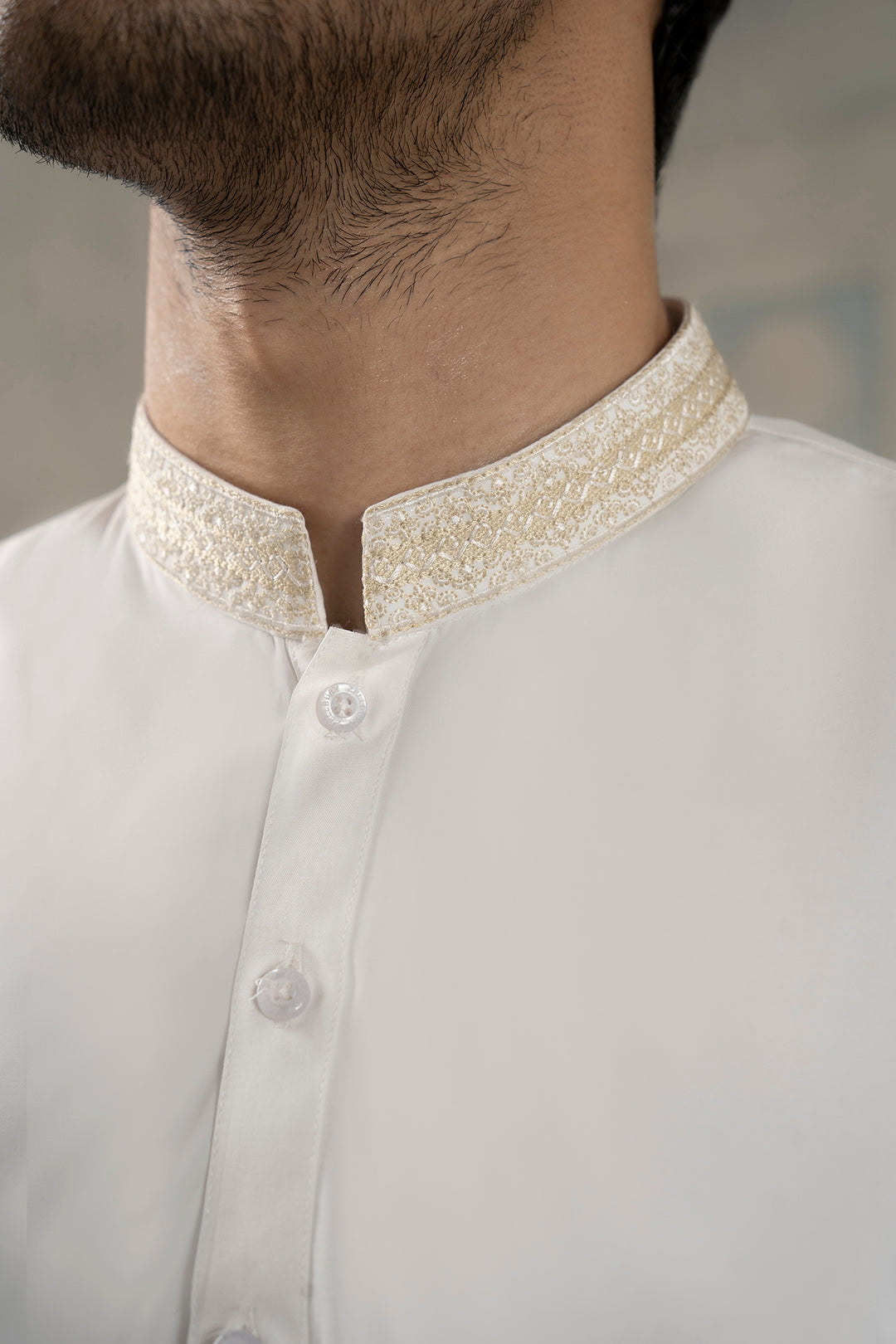 White Textured-Collar Blended Fabric Shalwar Kameez (2-Piece) - Image 10