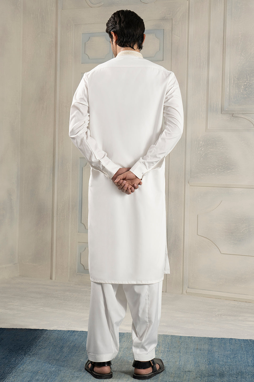 White Textured-Collar Blended Fabric Shalwar Kameez (2-Piece) - Image 12