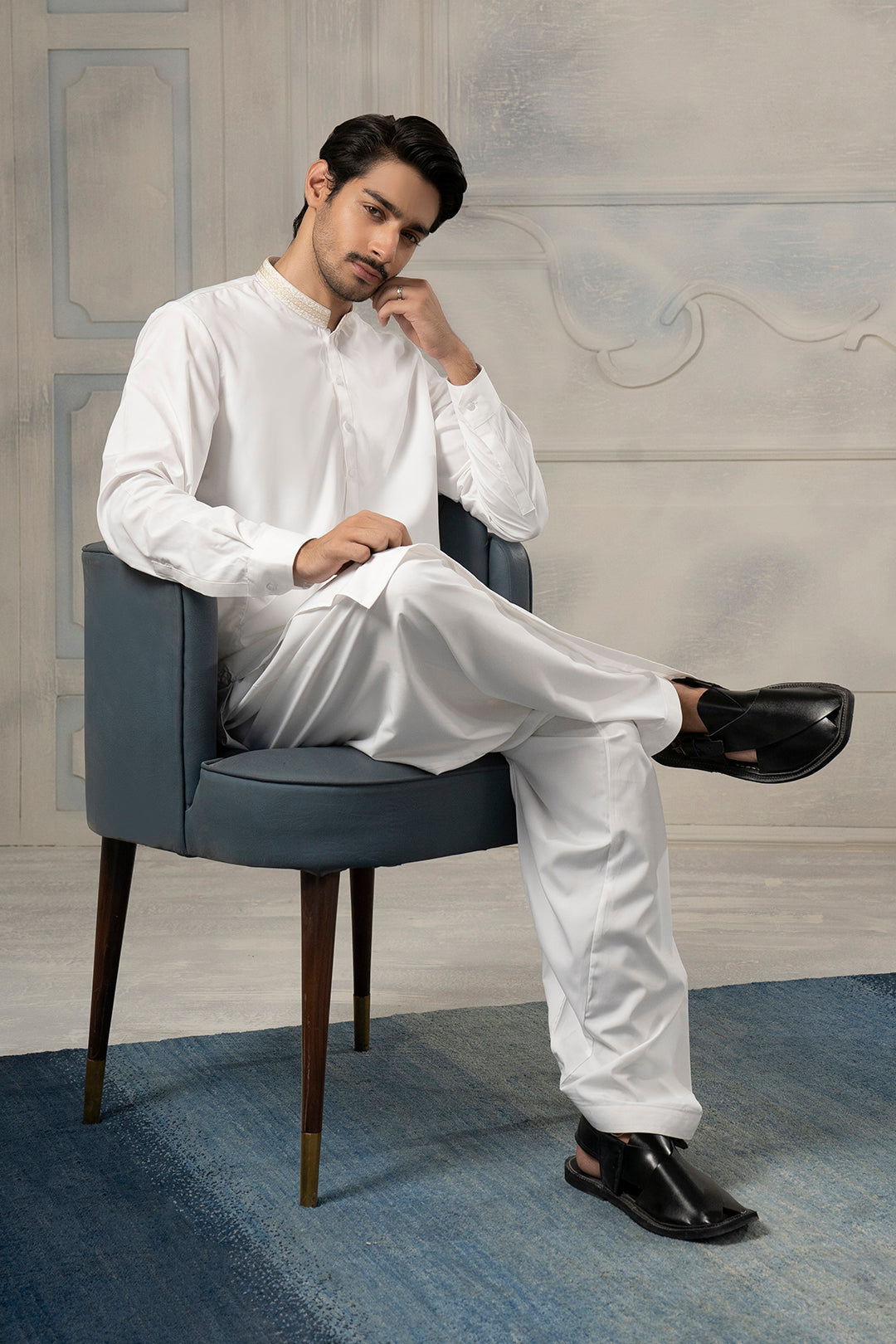 White Textured-Collar Blended Fabric Shalwar Kameez (2-Piece) - Image 14