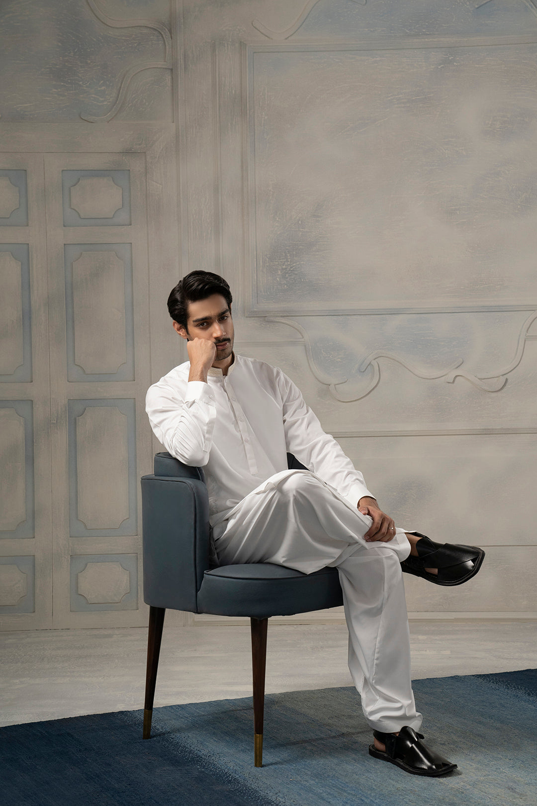White Textured-Collar Blended Fabric Shalwar Kameez (2-Piece) - Image 15
