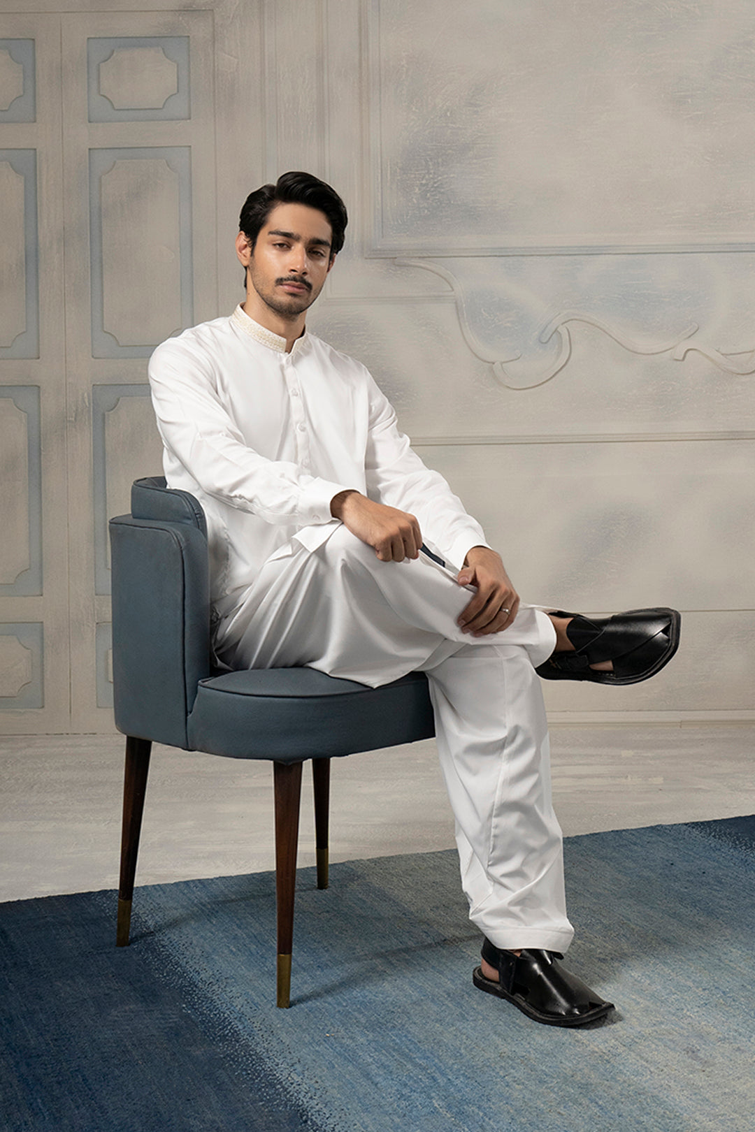 White Textured-Collar Blended Fabric Shalwar Kameez (2-Piece) - Image 17