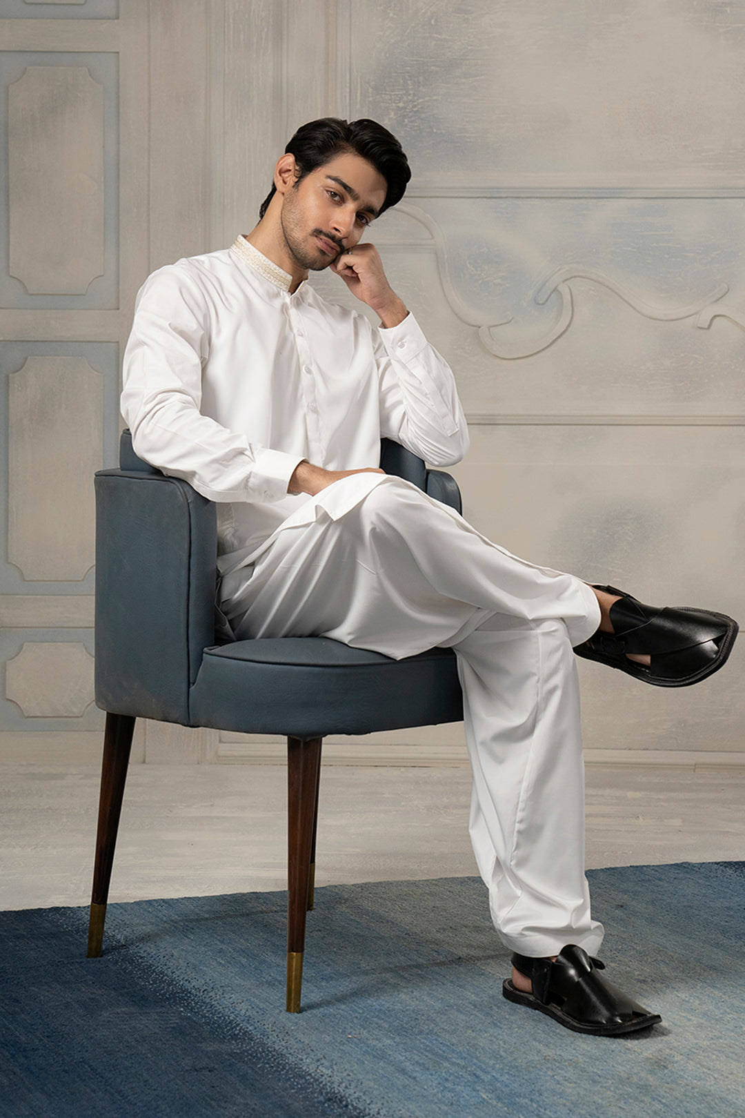 White Textured-Collar Blended Fabric Shalwar Kameez (2-Piece) - Image 18