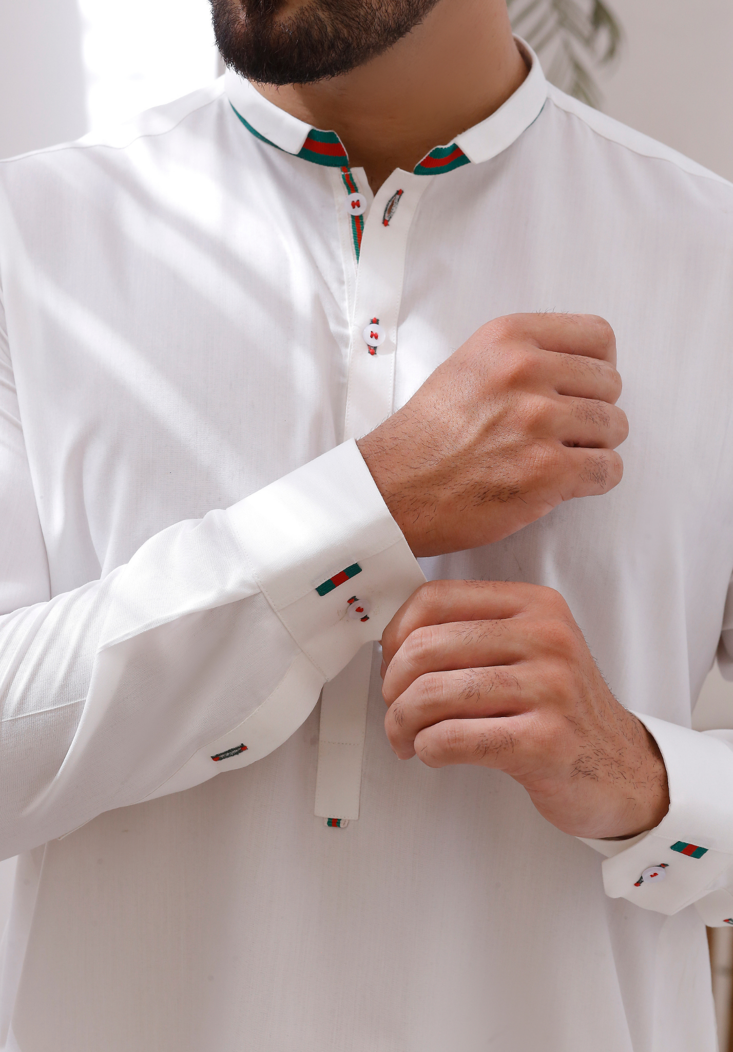 White Contrast Trim Cotton Blend Shalwar Kameez (2-Piece) - Image 6