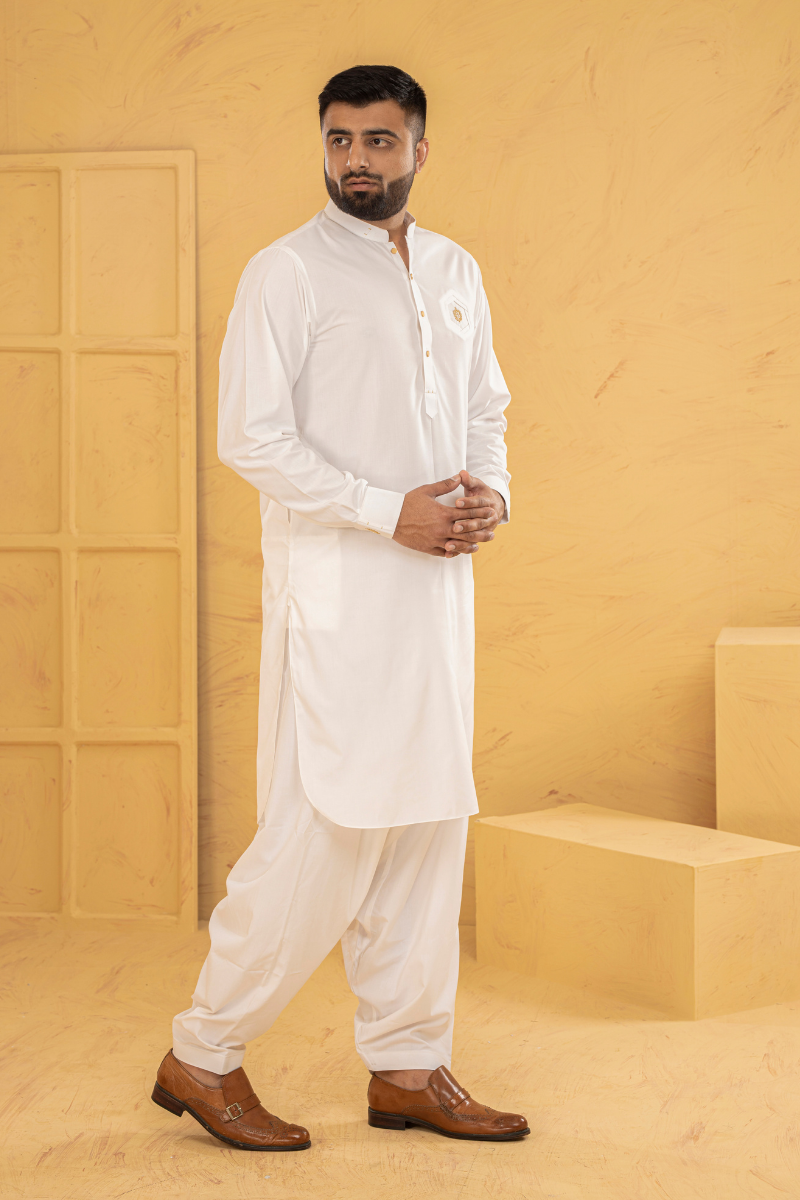 White Embroidered Cotton Blend Shalwar Kameez (2-Piece) - Image 1