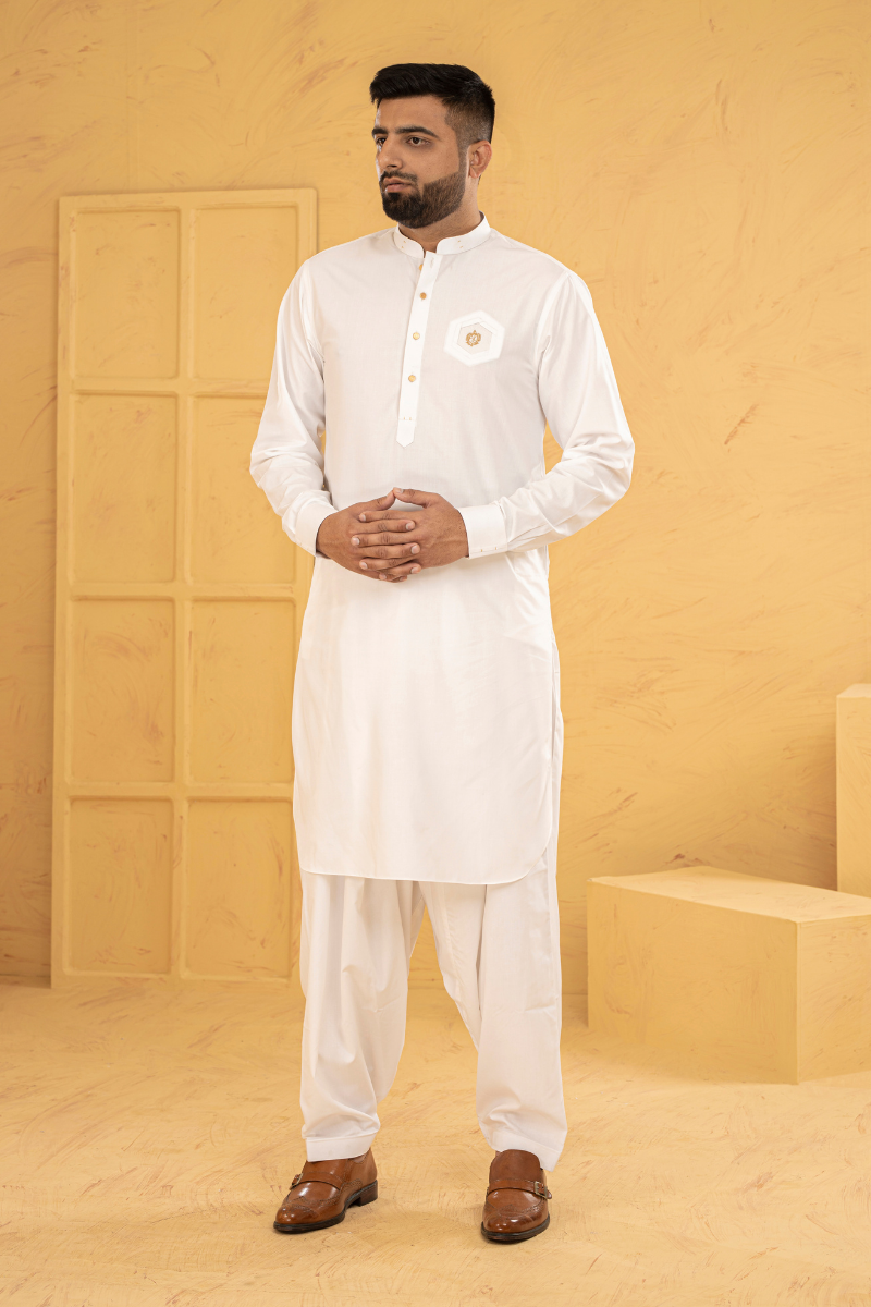 White Embroidered Cotton Blend Shalwar Kameez (2-Piece) - Image 3