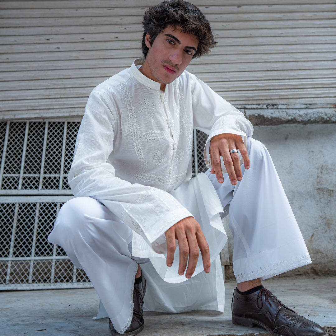 White Chikankari Cotton Kurta with Farshi Shalwar (2-Piece) - Image 10