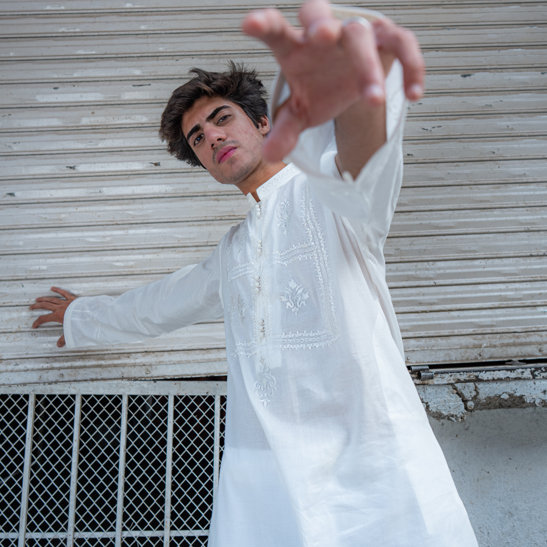 White Chikankari Cotton Kurta with Farshi Shalwar (2-Piece) - Image 5