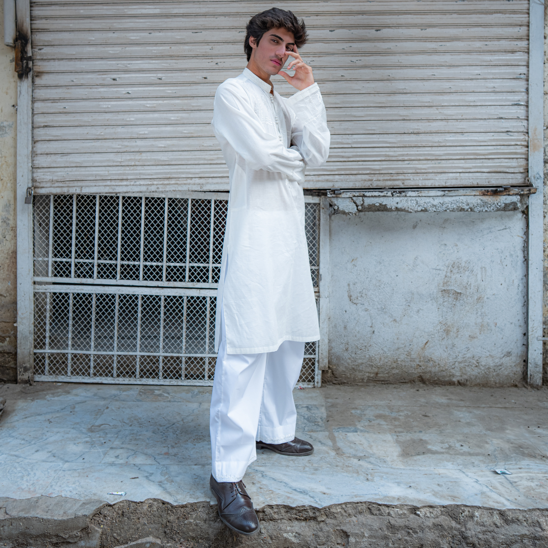 White Chikankari Cotton Kurta with Farshi Shalwar (2-Piece) - Image 9
