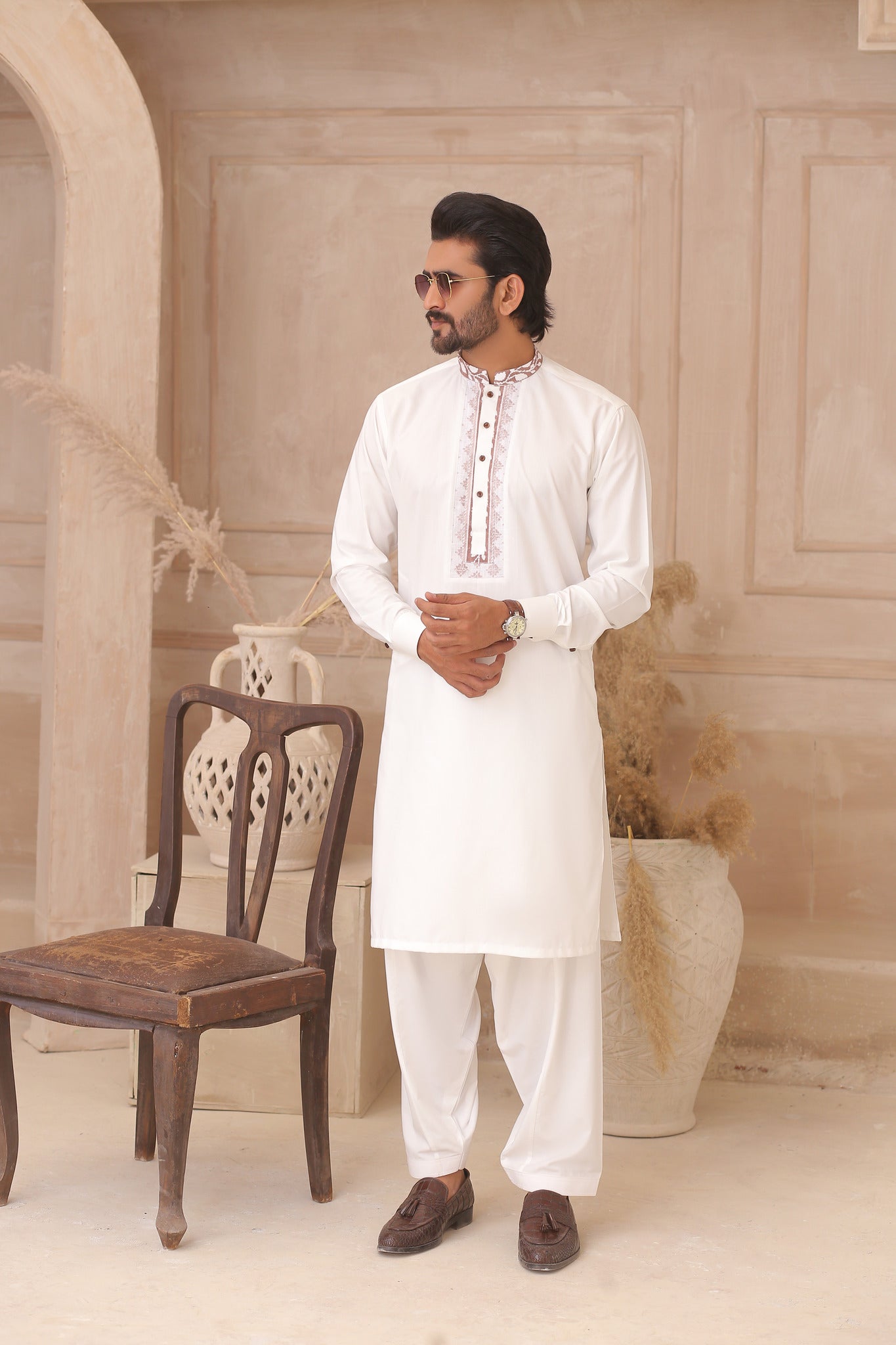 White Embroidered Cotton Shalwar Kameez (2-Piece) - Image 2