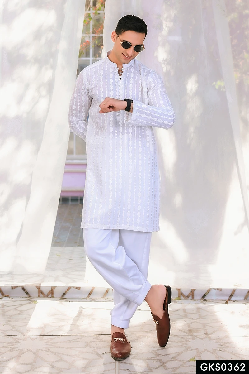 White Self-Embroidered Cotton Kurta Shalwar (2-Piece) - Image 1