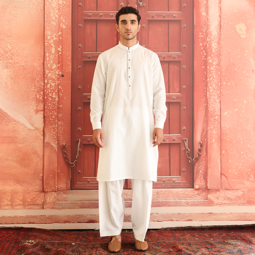 White Cotton Silk Classic Fit Shalwar Kameez (2-Piece) - Image 1