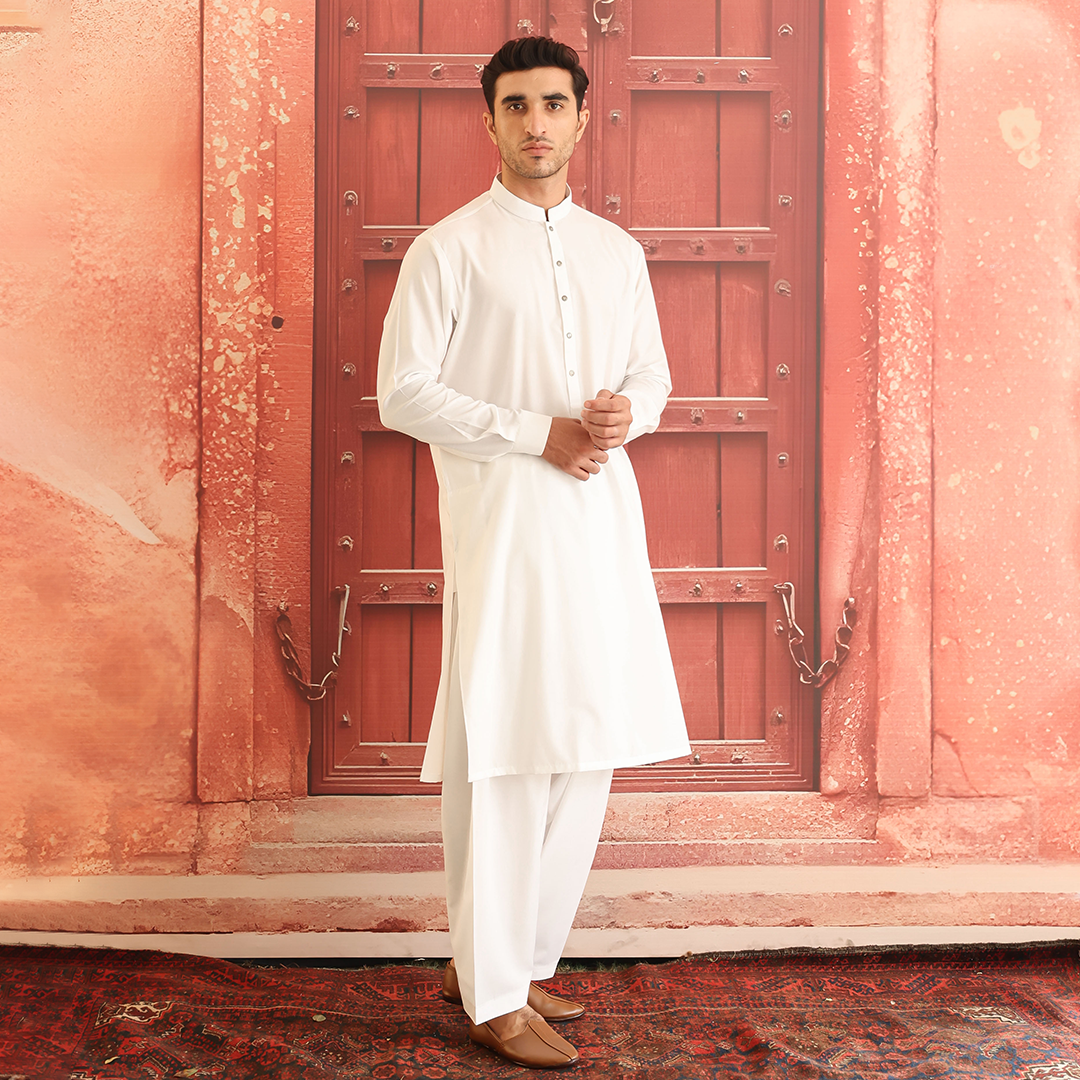 White Cotton Silk Classic Fit Shalwar Kameez (2-Piece) - Image 2