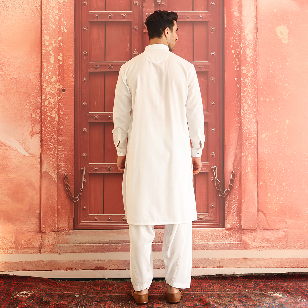 White Cotton Silk Classic Fit Shalwar Kameez (2-Piece) - Image 3