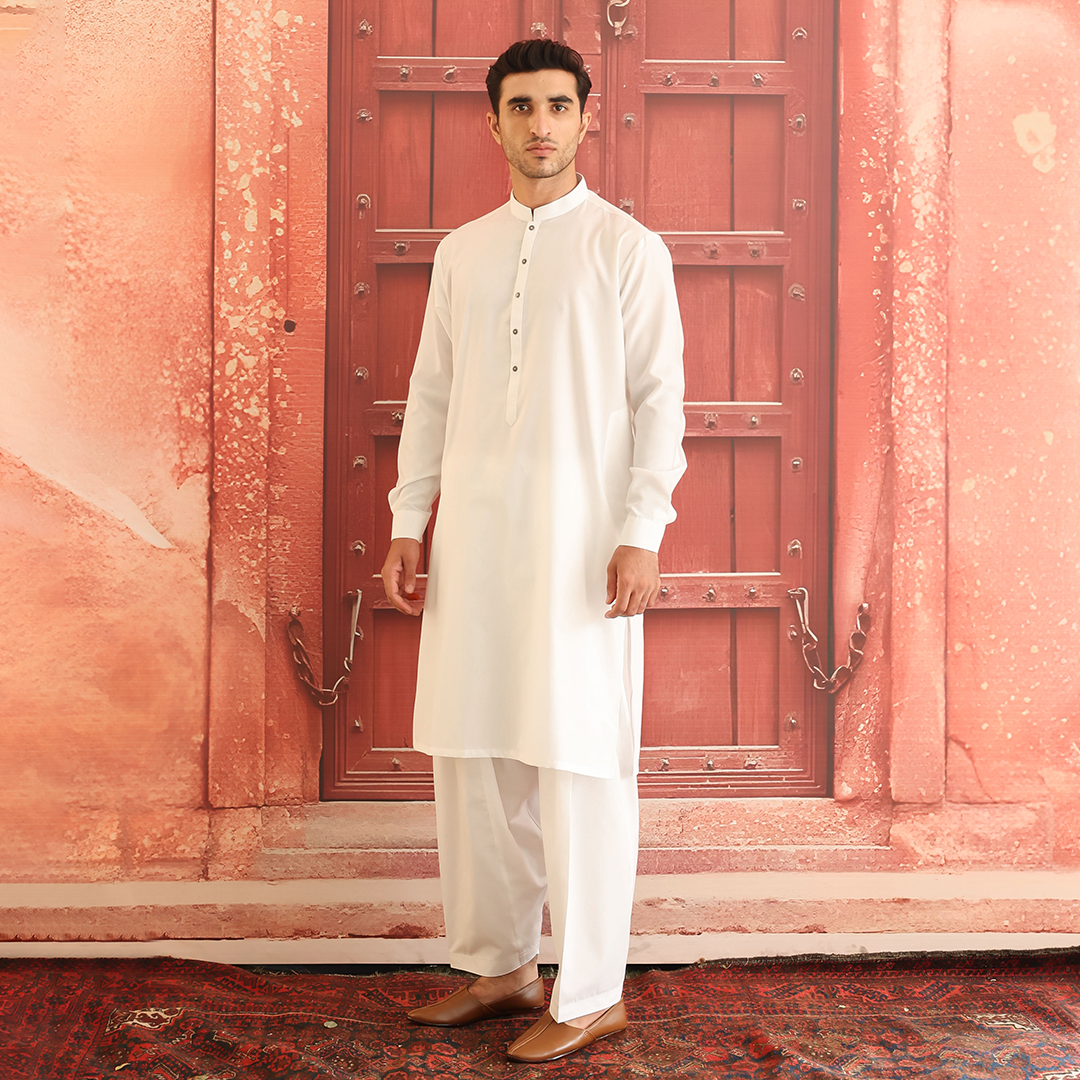 White Cotton Silk Classic Fit Shalwar Kameez (2-Piece) - Image 4