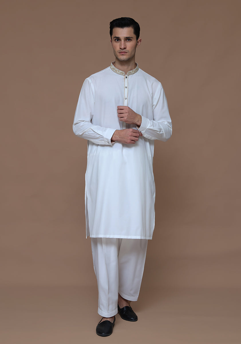 Cloud Dancer Embroidered Cotton Silk Kurta Shalwar (2-Piece) - Image 1