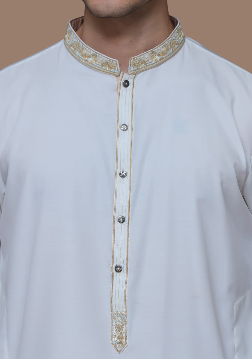 Cloud Dancer Embroidered Cotton Silk Kurta Shalwar (2-Piece) - Image 2