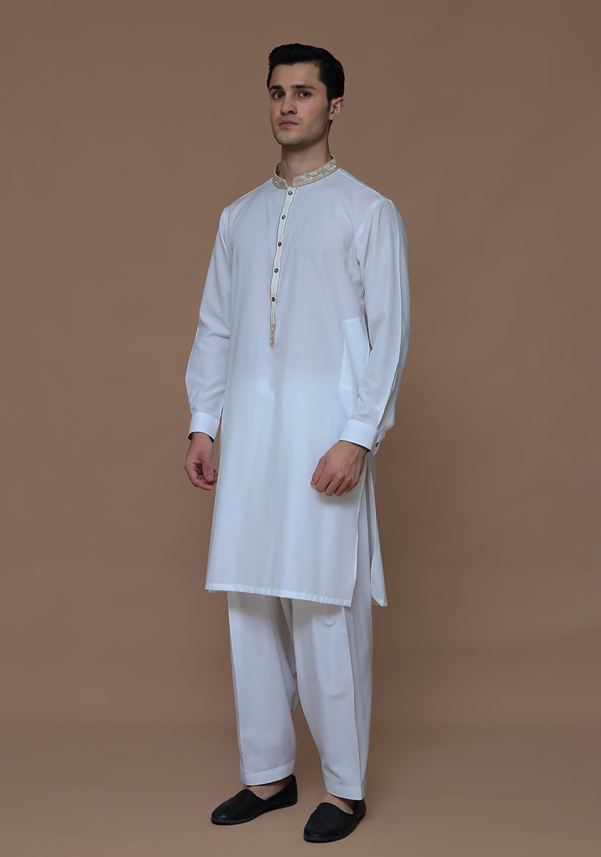 Cloud Dancer Embroidered Cotton Silk Kurta Shalwar (2-Piece) - Image 3