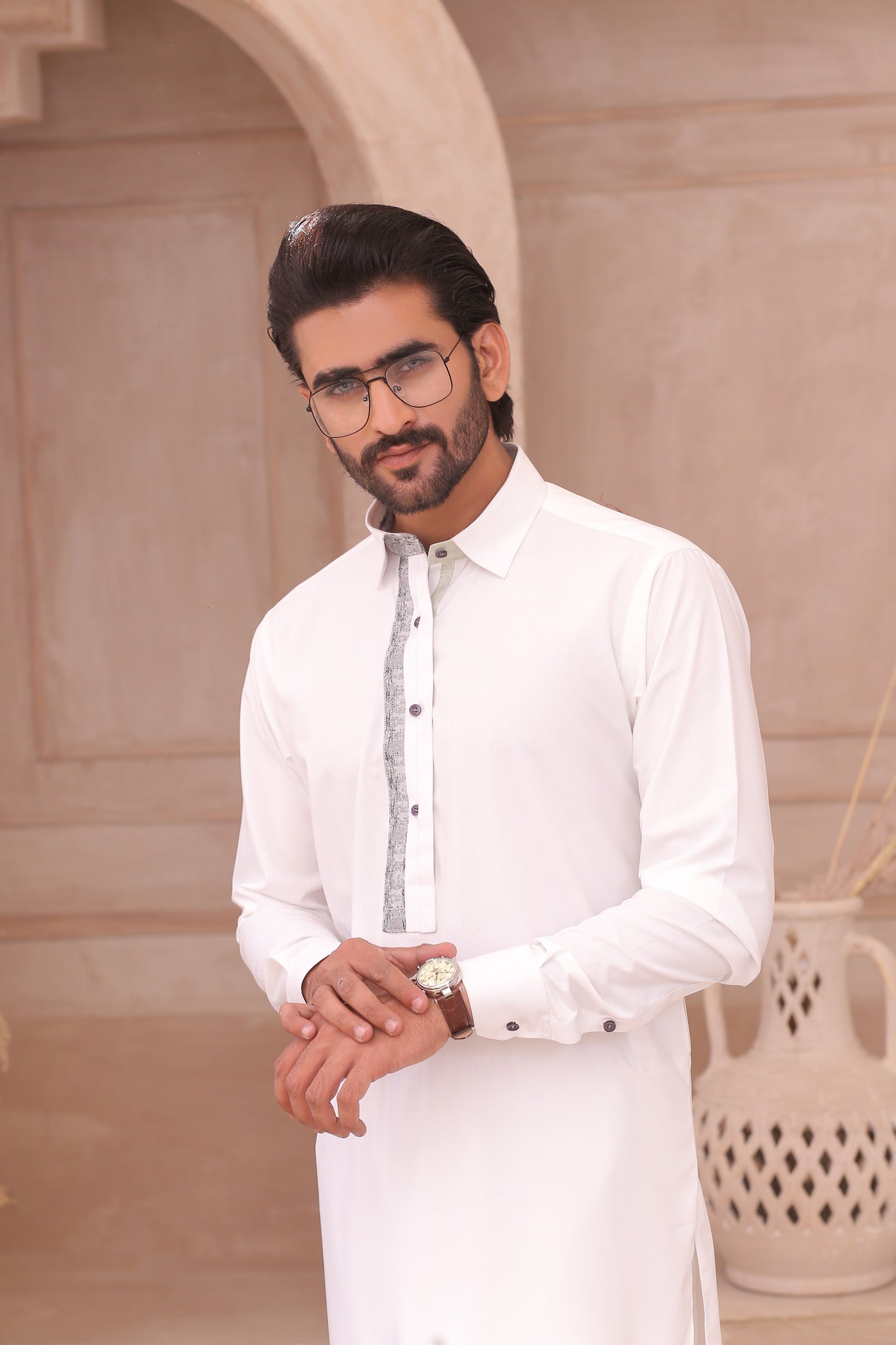 White Contrasting Placket Cotton Shalwar Kameez (2-Piece) - Image 5