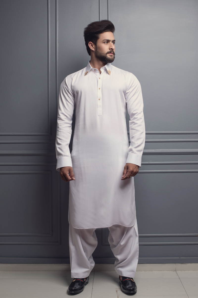 White Cotton Shalwar Kameez with Gold Collar Pins (2-Piece) - Image 1