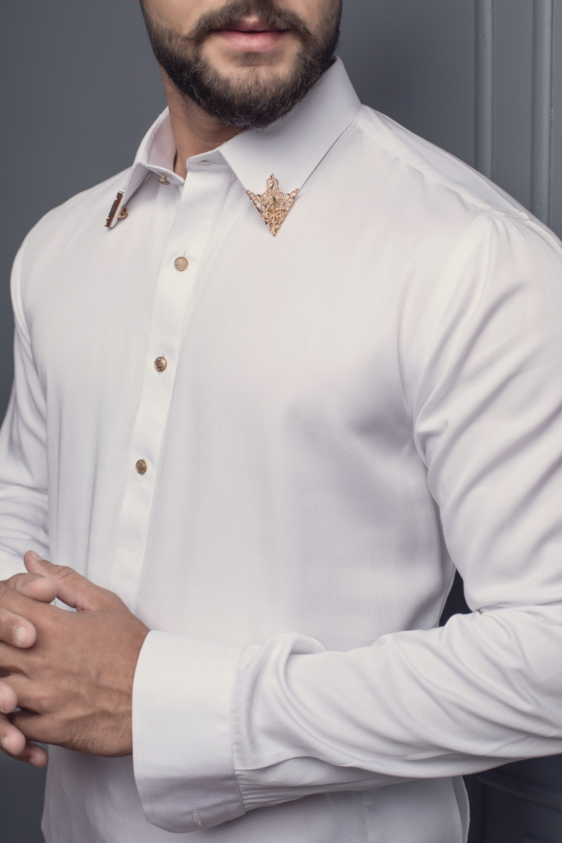 White Cotton Shalwar Kameez with Gold Collar Pins (2-Piece) - Image 2