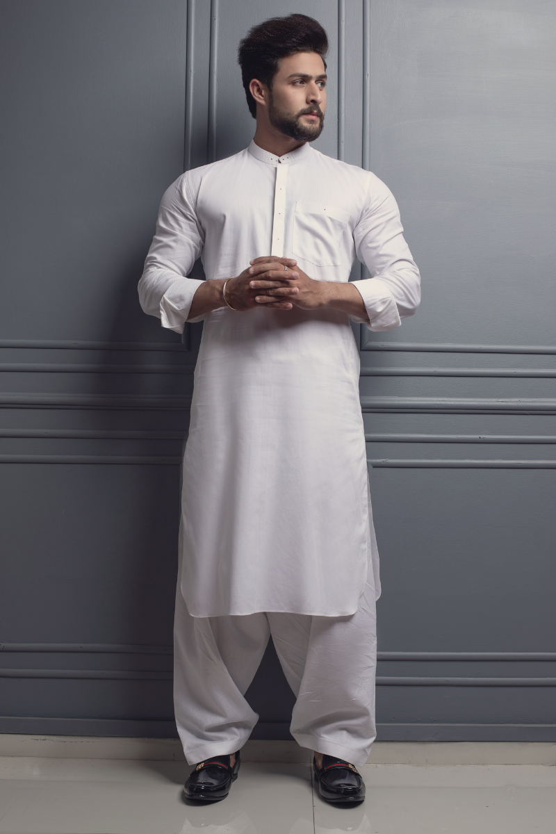 White Minimal Stitching Cotton Kurta Shalwar (2-Piece) - Image 1
