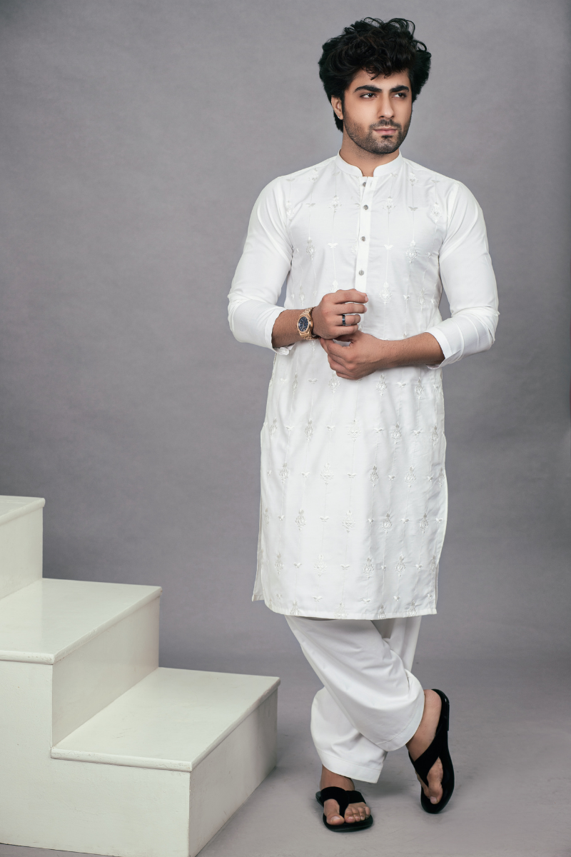 White Embroidered Cotton Kurta Shalwar (2-Piece) - Image 1