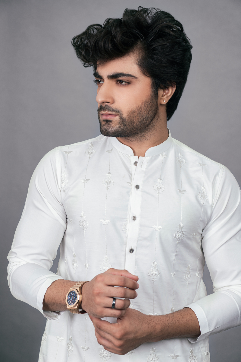 White Embroidered Cotton Kurta Shalwar (2-Piece) - Image 2