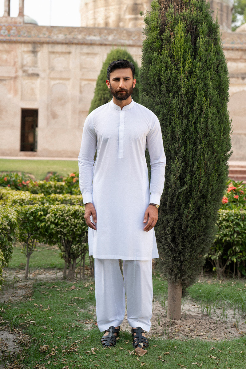 Powder White Top-Stitched Premium Cotton Shalwar Kameez (2-Piece) - Image 1