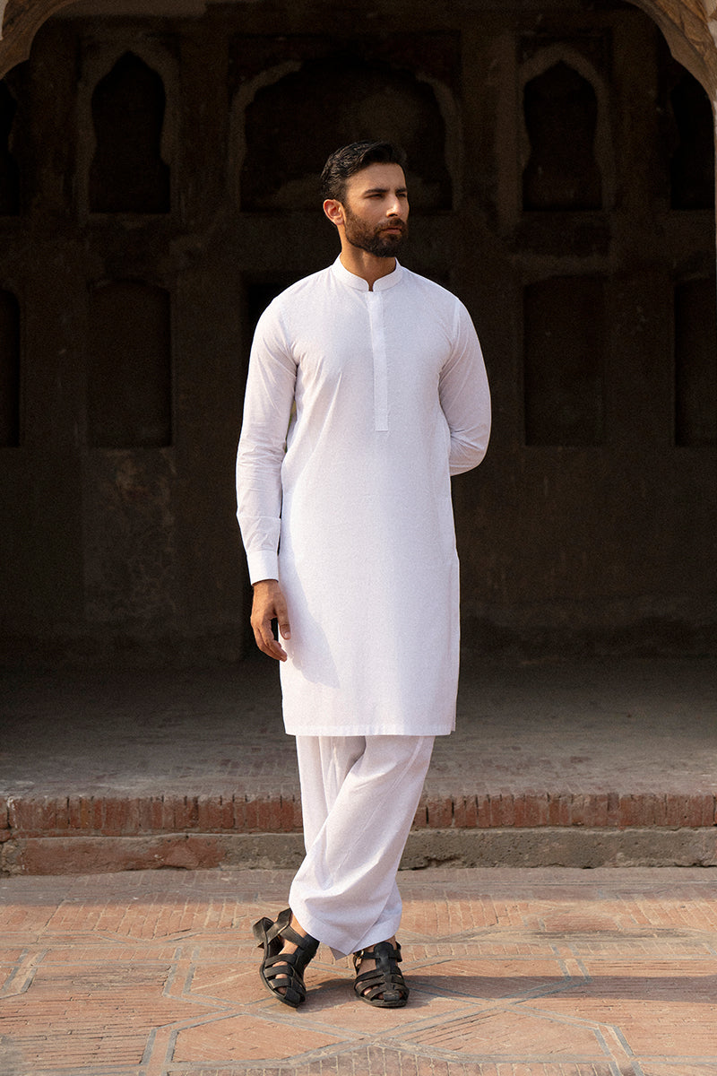 Powder White Top-Stitched Premium Cotton Shalwar Kameez (2-Piece) - Image 2