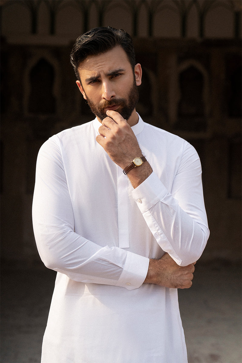 Powder White Top-Stitched Premium Cotton Shalwar Kameez (2-Piece) - Image 3