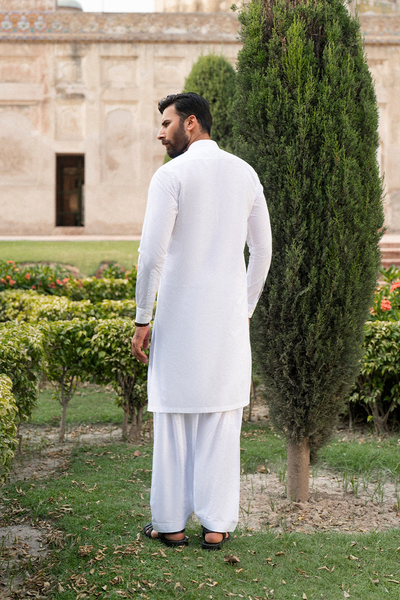 Powder White Top-Stitched Premium Cotton Shalwar Kameez (2-Piece) - Image 4