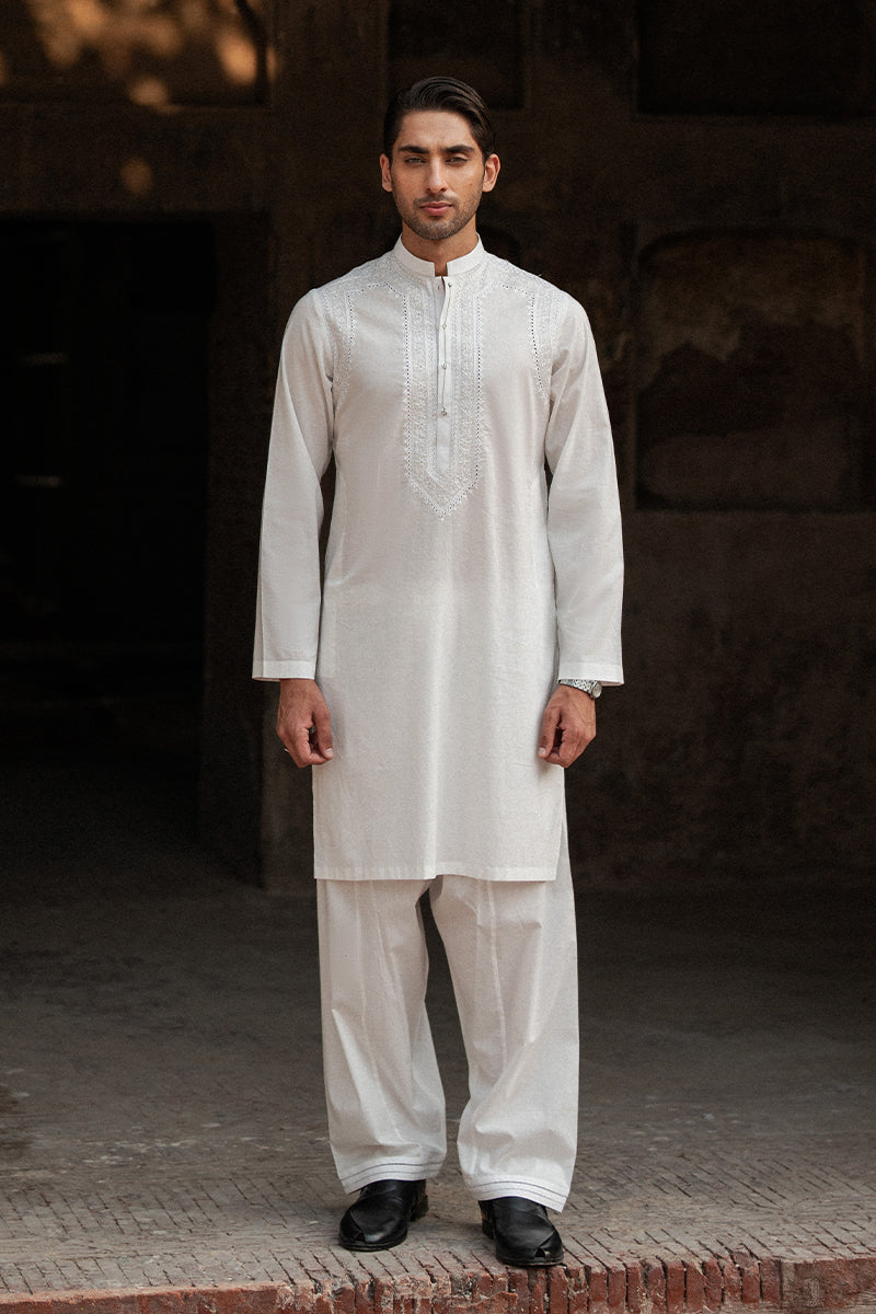 White Lucknowi Embroidered Cotton Kurta Shalwar (2-Piece) - Image 1