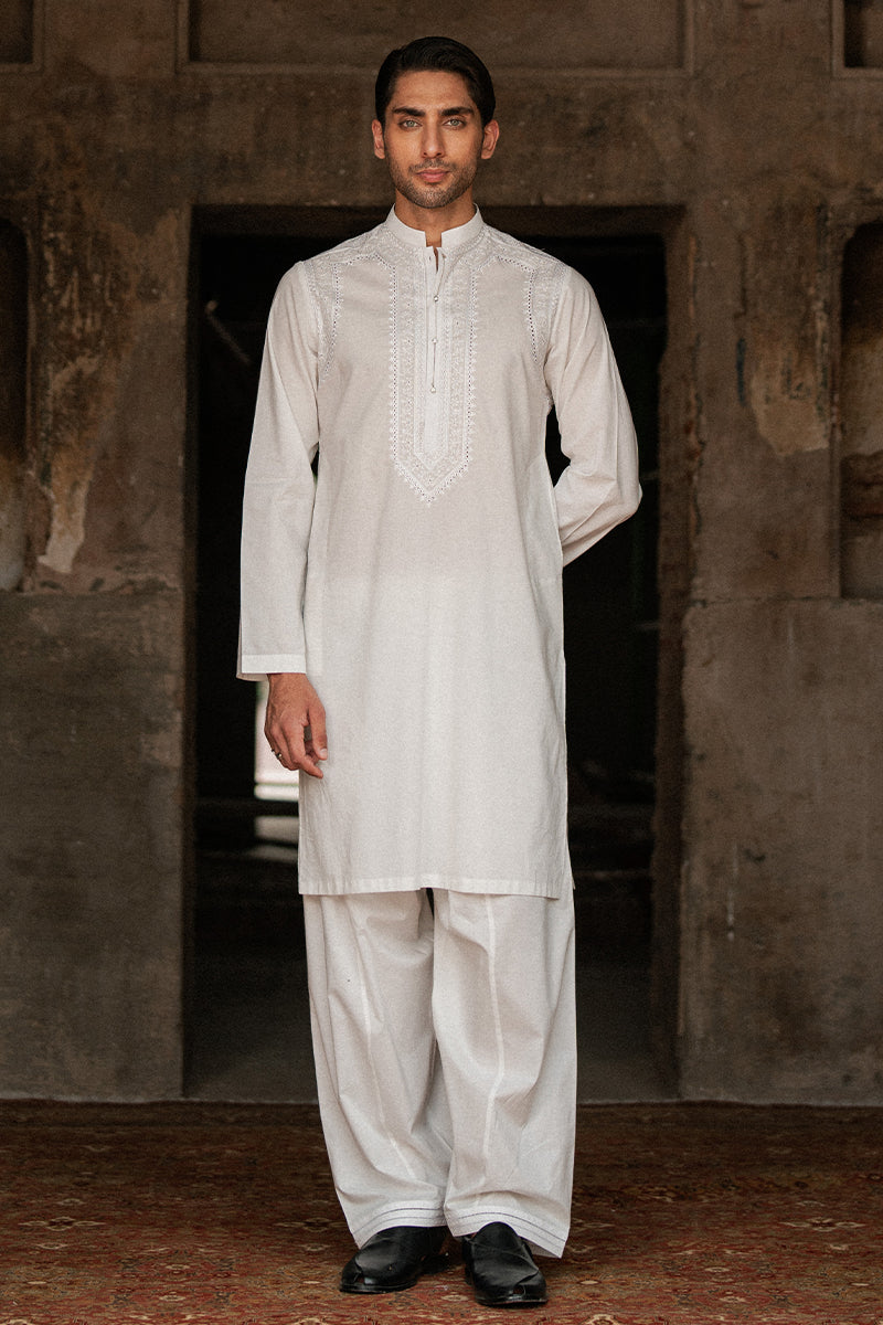 White Lucknowi Embroidered Cotton Kurta Shalwar (2-Piece) - Image 10