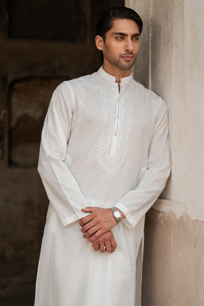 White Lucknowi Embroidered Cotton Kurta Shalwar (2-Piece) - Image 2