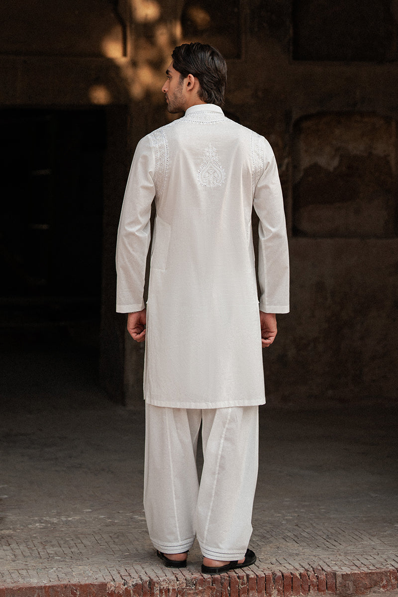 White Lucknowi Embroidered Cotton Kurta Shalwar (2-Piece) - Image 5